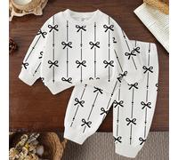 2 pièces Ensemble Sweat-shirt-shirt col rond blanc et pantalon de survêtement pour bébé fille, avec nœud décoratif. Tenue de survêtement pour bébé et tout-petit en automne/hiver, convient pour la mais