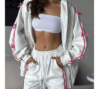 2 pièces Ensemble Sweat-shirt-shirt mode femme, sweat-shirt à capuche avec imprimé floral gris, cordon de serrage en nœud papillon et pantalon large. Convient pour Halloween, Noël, Nouvel An, sorties,