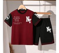 2 pièces Ensemble T-shirt à col rond à manches courtes avec imprimé intégral de slogan anglais cool et short de sport pour garçon préadolescent, convient pour fête de vacances, printemps/été, décontra