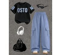 2 pièces Ensemble T-shirt à col rond à manches courtes avec imprimé slogan anglais style décontracté cool pour garçon préadolescent, pantalon cargo à jambes larges, convient pour les fêtes de vacances