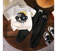 2 pièces/Ensemble T-shirt à col rond à manches courtes et pantalon avec imprimé graphique de camion monstre pour jeunes garçons en été, tenue décontractée confortable et polyvalente 6Y,7Y,4Y,5YCartoon