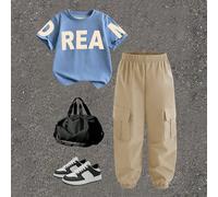 2 pièces/Ensemble T-shirt à col rond à manches courtes & Pantalon long pour jeune garçon, Design imprimé intégral avec grandes lettres anglaises cool, Convient pour les fêtes de vacances, Printemps/Ét
