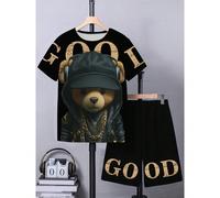 2 pièces Ensemble T-shirt à manches courtes avec imprimé numérique style rue lettres basic et ours casque pour jeune garçon 6Y,7Y,8Y,4Y,5YAnimalTissu tricoté