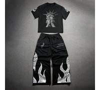2 pièces Ensemble t-shirt à manches courtes col rond et pantalon à cordon pour hommes, Ensemble noir "Freedom Soul" | T-shirt graphique de la statue de la Liberté de NYC Hip-Hop + Pantalon à motif de 