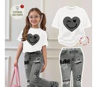 2 pièces Ensemble T-shirt à manches courtes col rond et pantalon évasé pour filles pré-adolescentes, imprimé de cœurs et de graffitis de visages, décontracté et ample, convient pour l'été, la maison, 