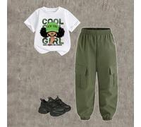 2 pièces Ensemble t-shirt à manches courtes col rond et short style minimaliste décontracté pour jeune fille, adapté pour l'été, vert armée 8Y,9Y,10Y,11Y,12YCartoon,Géométrique,LettresTissu tricoté,Ti
