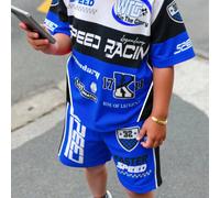 2 pièces Ensemble T-shirt à manches courtes et short avec imprimé graphique de voiture de course pour garçon préadolescent, bleu, été, streetwear, city break, tenue décontractée et sportive pour la re