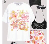 2 pièces Ensemble t-shirt à manches courtes et short pour fille pré-adolescente, avec imprimé d'arcs en coquillage et créature marine. Convient pour l'été, les escapades estivales, les vacances, les f