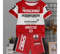 2 pièces Ensemble t-shirt à manches courtes et short pour tout-petits garçons, style décontracté avec badge de course Chicago 23 et imprimé de lettres rayées. Confortable pour le port quotidien, convi