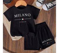 2 pièces Ensemble t-shirt à manches courtes et short pour tout-petits garçons, style décontracté, créatif, simple, avec slogan en lettres et imprimé du drapeau d'Italie 6-9M,9-12M,12-18M,18-24M,2-3YLe
