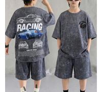 2 pièces/Ensemble T-shirt et short en polaire avec imprimé graphique de voiture de course gris foncé pour enfants/préadolescents garçons, col rond ample, streetwear d'été décontracté pour escapade urb