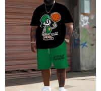 2 pièces Ensemble t-shirt et short grande taille avec motif crâne de basket-ball | T-shirt noir et short vert avec slogan "LET'S PLAY OR GO HOME", style de rue américain pour les sports d'été 1XL,2XL,