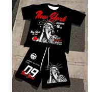 2 pièces Ensemble t-shirt et short imprimé 3D de la Statue de la Liberté de New York pour hommes, tenue décontractée à manches courtes et col rond pour l'été, lavable, ensemble thématique New York L,M