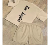 2 pièces Ensemble t-shirt graphique avec police de caractères gothique "Los Angeles" et short à cordon de serrage pour hommes grande taille, tenue d'été décontractée 1XL,2XL,3XL,4XL,5XL,6XLLettresPoly