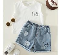 2 pièces Ensemble t-shirt sans manches mode décontractée et short en jean pour bébé/bébé garçon, tenue de bébé garçon, vêtements d'été pour bébé garçon, streetwear 6-9M,9-12M,12-18M,18-24M,2-3Y,3-6Mgr