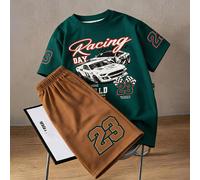 2 pièces Ensemble T-shirt vert foncé & Short kaki pour garçons préadolescents, Impression lettre voiture de sport numéro 23, Streetwear d'été vacances, Style Y2K survêtement décontracté 7Y,8Y,9Y,10Y,1
