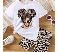 2 pièces Ensemble tee-shirt et short pour filles, style décontracté chic avec imprimé nœud et léopard. Tenue assortie pour frères et sœurs (vendus séparément) 6Y,7Y,4Y,5YPortrait,Imprimé léopard,Lettr