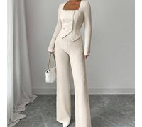 2 pièces Ensemble texturé de couleur unie pour femmes, comprenant une veste blazer ajustée à double boutonnage avec revers entaillés et manches longues, et un pantalon droit taille haute ample. Style 