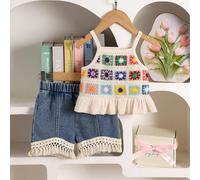 2 pièces Ensemble Top à bretelles en crochet style bohème et short en jean à ourlet à franges pour bébé fille 6-9M,9-12M,12-18M,18-24M,2-3YGéométriqueJean,Étoffe