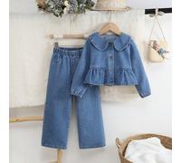 2 pièces/Ensemble Top à col Peter Pan doux et mignon pour petites filles et pantalon long en denim bleu simple pour la mode décontractée en extérieur, style court, coupe ample, recommandé de prendre u