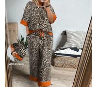 2 pièces Ensemble Top à col rond et pantalon imprimé léopard pour femmes grande taille, festival, Old Money 0XL,1XL,2XL,3XL,4XLImprimé léopard,Motif texturéTissu tissé
