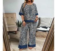 2 pièces Ensemble Top à manches courtes col rond et pantalon imprimé léopard grande taille, Festival, Old Money 0XL,1XL,2XL,3XL,4XLImprimés aléatoiresTissu tissé