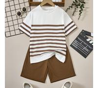 2 pièces Ensemble top à manches courtes et shorts minimalistes décontractés pour garçon pré-adolescent, tenue de tous les jours 8Y,9Y,10Y,11Y,12Y,13YGéométriqueÉtoffe