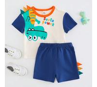 2 pièces Ensemble Top à manches courtes ras du cou en tricot doux avec dinosaure dessin animé coloré et short à taille élastique pour bébé garçon 6-9M,9-12M,12-18M,18-24M,2-3YAnimal,Cartoon,LettresPol
