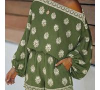 2 pièces/Ensemble Top à manches lanternes asymétriques style bohème pour femmes et short à taille élastique avec poches, tenue décontractée de vacances élégante pour le printemps L,M,S,XLImprimés aléa