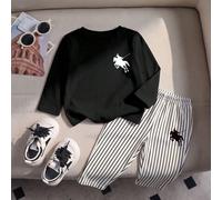 2 pièces/Ensemble Top à manches longues et pantalon long pour garçons, Top à col ras-du-cou noir minimaliste à manches longues avec imprimé graphique classique de chevalier, associé à un pantalon long