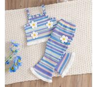 2 pièces Ensemble top bretelle à fleurs en crochet et pantalon évasé décontracté pour bébé fille, textures colorées, style été 6-9M,9-12M,12-18M,18-24M,2-3Y,3-6MRayéPolyester