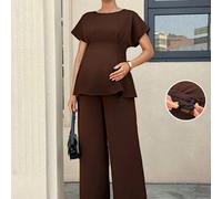 2 pièces Ensemble Top et pantalon de maternité élégant, couleur unie, taille cintrée, pour la saison estivale L,M,S,XL,XS,XXL,XXS,XXXL,XXXXLUnicoloreTissu tissé