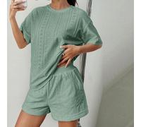 2 pièces Ensemble top et short de femme ample en tricot gris-vert à manches courtes L,M,S,XL,XS,XXL,XXS,XXXL,XXXXLUnicoloreTissu tricoté