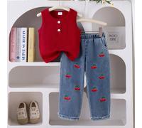 2 pièces/Ensemble Top sans manches avec décorations boutons et Jeans droits avec broderie cerises pour filles 6Y,7Y,4Y,5YFruits & légumesJean,Tricot côtelé