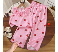 2 pièces Ensemble Top sans manches et pantalon style princesse mignon et doux avec imprimé fraise pour grandes filles, rayures roses + broderie 3D fraise + col volant, convient pour les fêtes, les act