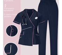 2 pièces Ensemble uniforme composé d'un Top à manches courtes avec garniture contrastée et d'un pantalon de couleur unie, Ensemble de blouse L,M,S,XL,XSUnicolorePolyester,Tissu tissé