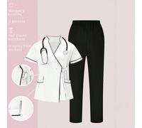 2 pièces Ensemble uniforme composé d'un Top à manches courtes décontracté avec bordure contrastée et d'un pantalon de couleur unie, ensembles de blouses L,M,S,XL,XXLBlocs de couleur,RayéÉtoffe,Tissu t
