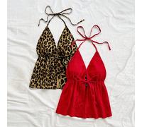 2 pièces Ensemble vacances sexy Top de bikini à imprimé léopard avec col en V et dos noué, sans manches, en tissu texturé rouge. Convient pour les vacances, les rendez-vous, le thé de l'après-midi, le