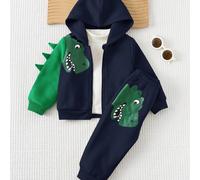 2 pièces Ensemble veste à capuche zippée et pantalon de jogging à taille élastique avec imprimé de dinosaure/tyrannosaure rex de dessin animé pour bébé garçon, automne/hiver 6-9M,9-12M,12-18M,18-24M,2