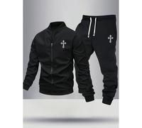 2 pièces/Ensemble Veste Bomber avec Imprimé Croix Personnalisée et Pantalon de Sport avec Cordon de Serrage pour Homme. Tenue Décontractée pour Extérieur, Printemps et Automne L,M,S,XL,XXLLettresTissu