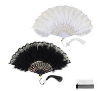 2 Pièces Eventail Mariage Plume, HASLED Éventail Pliable Mesdames, Chinois Evantail, Éventail Classique avec Pompons, Evantaille Mariage Convient pour le Bal, le Thé, le Mariage