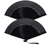 2 Piéces Éventail Pliant en Bambou à Main Noir, Style Japonais Chinois de Poche pour Décoration Mariage Champêtre, Danse, Fête et DIY (Noir-1)