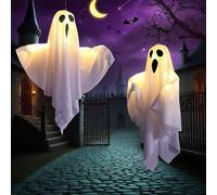 2 Pièces Fantome Halloween Decoration Exterieur, Suspendus Fantôme Decoration avec Lumières LED Volants Mignons Suspension Halloween Decoration Exterieur pour Cour Porche Arbre Jardin Fête