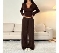 2 pièces Femme Décontracté Tout-Aller Top T-Shirt à Col Zippé Manches Longues et Pantalon de Jogging Droit à Cordon, Tenue Confortable pour la Maison et la Rue, Polyvalent pour l'Automne/Hiver Petite