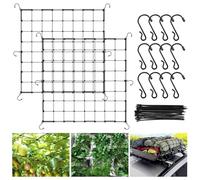 2 Pièces Filet de Tente de Culture 80 x 80 cm, Filet Soutien Palissage, Filets Elastique Plantes Grimpantes avec 20 Attaches de Câble et 12 Crochets pour Plantes, légumes, Fruits, Fleurs