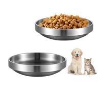 2 Pièces Gamelle Chat en Acier Inoxydable 304, Argent Gamelles Plates Anti-Chute pour Chiens, Chats, Gamelles Plates en Acier Inoxydable avec Bord Large pour Chats, 14 cm Ronde Gamelle pour Chat