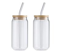2 Pièces Gobelets en verre avec couvercles en bambou et pailles, verres en forme de canette de bière Réutilisables - Pour smoothies, thé, cola, jus de fruits, soda(2 pièces-580ml)
