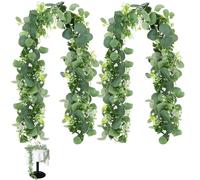 2 Pièces Guirlandes Artificielles D'Eucalyptus 1.8m, Eucalyptus Artificiel Guirlande avec Fleurs Blanches, Vignes Feuilles d'eucalyptus, Eucalyptus Vignes pour Mariage, Salon, Balcon, Porte et Mur