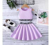 2 pièces Haut sans manches et jupe évasée assortis avec imprimé love pour jeunes filles, tenue d'été active 6Y,7Y,8Y,3Y,4Y,5YPolyester