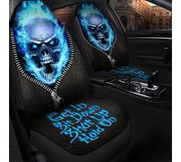 2 Pièces Housses De Siège Feu De Crâne 3D dans Une Veste À Fermeture Éclair Noire, Version Bleue Housses Siège Auto Confort Couvre Siège Voiture 52X138Cm pour Suvs, Trucks, Sedans
